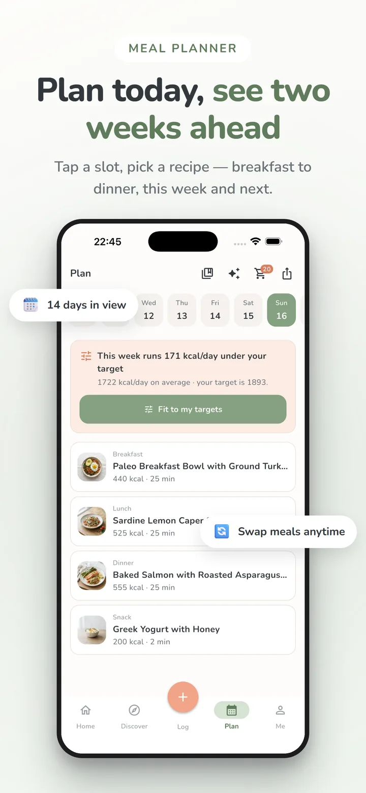 Mealique app screenshot: Weekly meal planner — Tap a slot, pick a recipe — breakfast to dinner, this week and next.