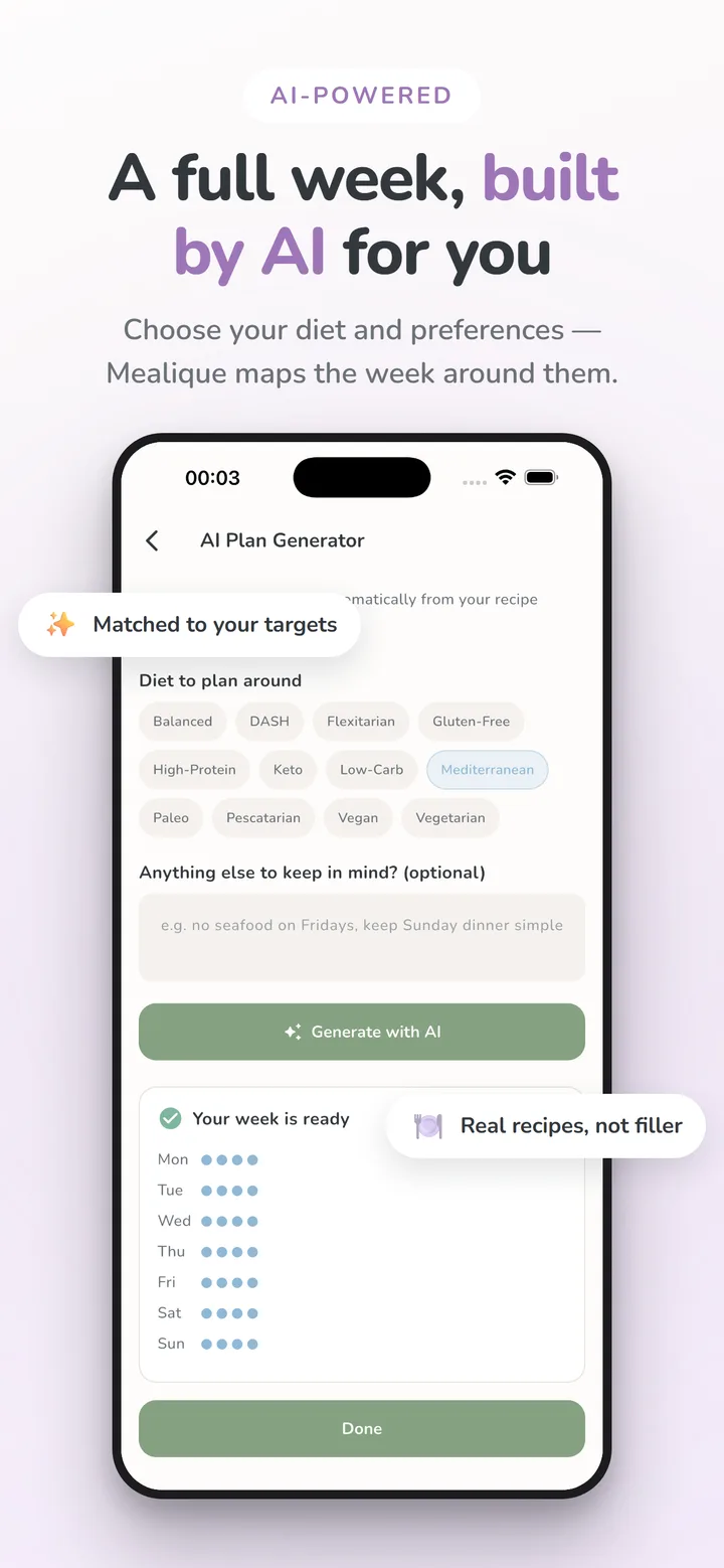 Mealique app screenshot: AI meal plan generator — Choose your diet and preferences — Mealique maps the week around them.