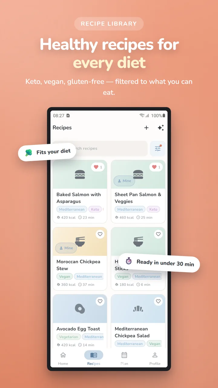 Mealique screenshot: Recipe library