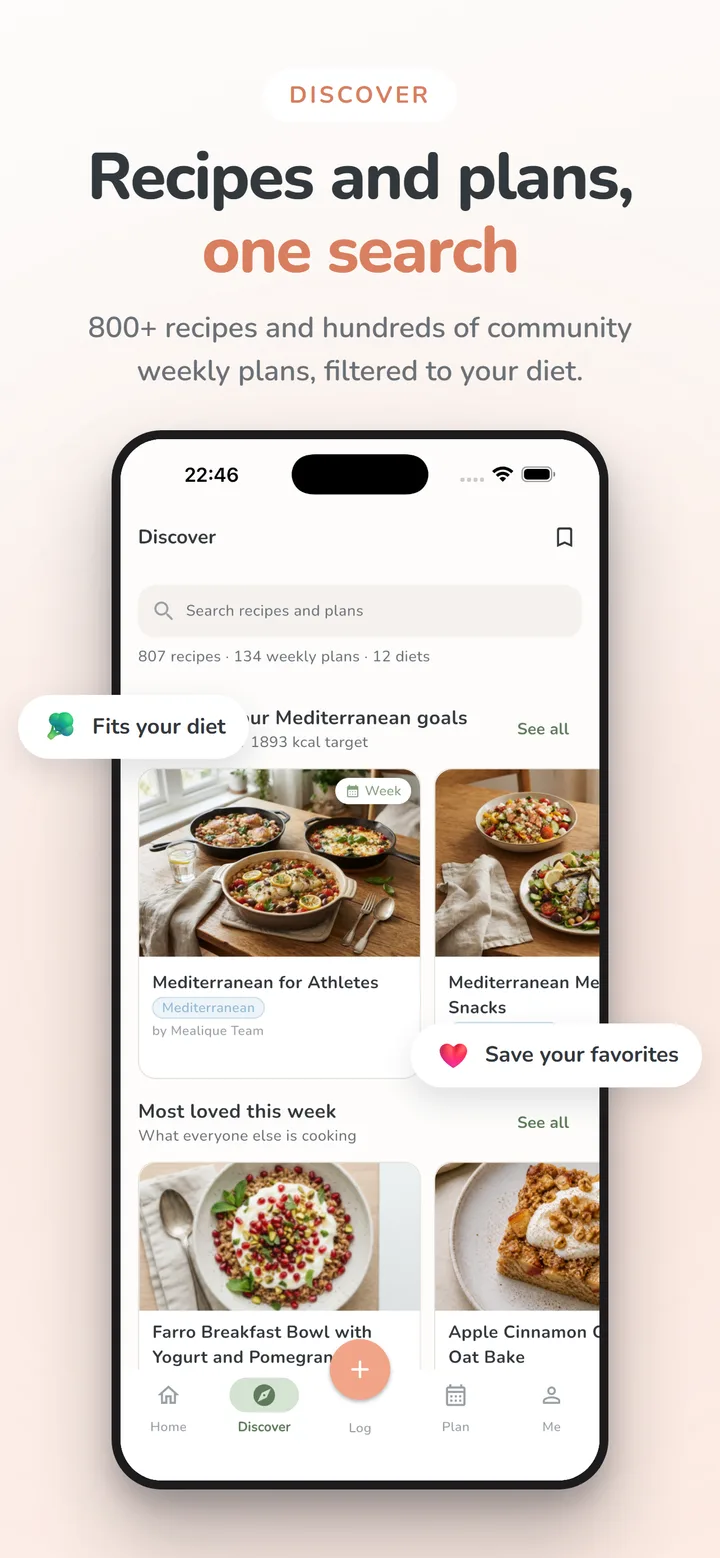 Mealique app screenshot: Recipe library — 800+ recipes and hundreds of community weekly plans, filtered to your diet.