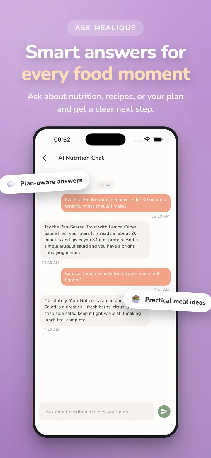 Mealique app screenshot: AI nutrition chat