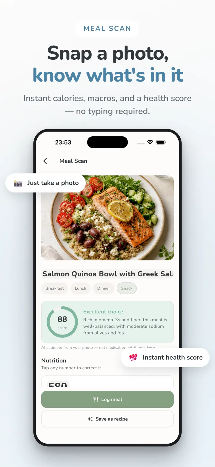 Mealique app screenshot: Meal Scan — Instant calories, macros, and a health score — no typing required.
