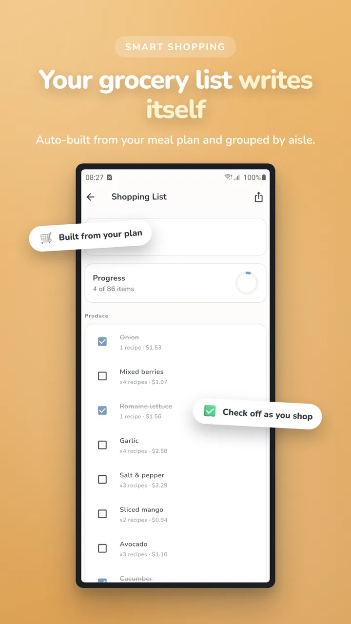 Mealique screenshot: Smart grocery list