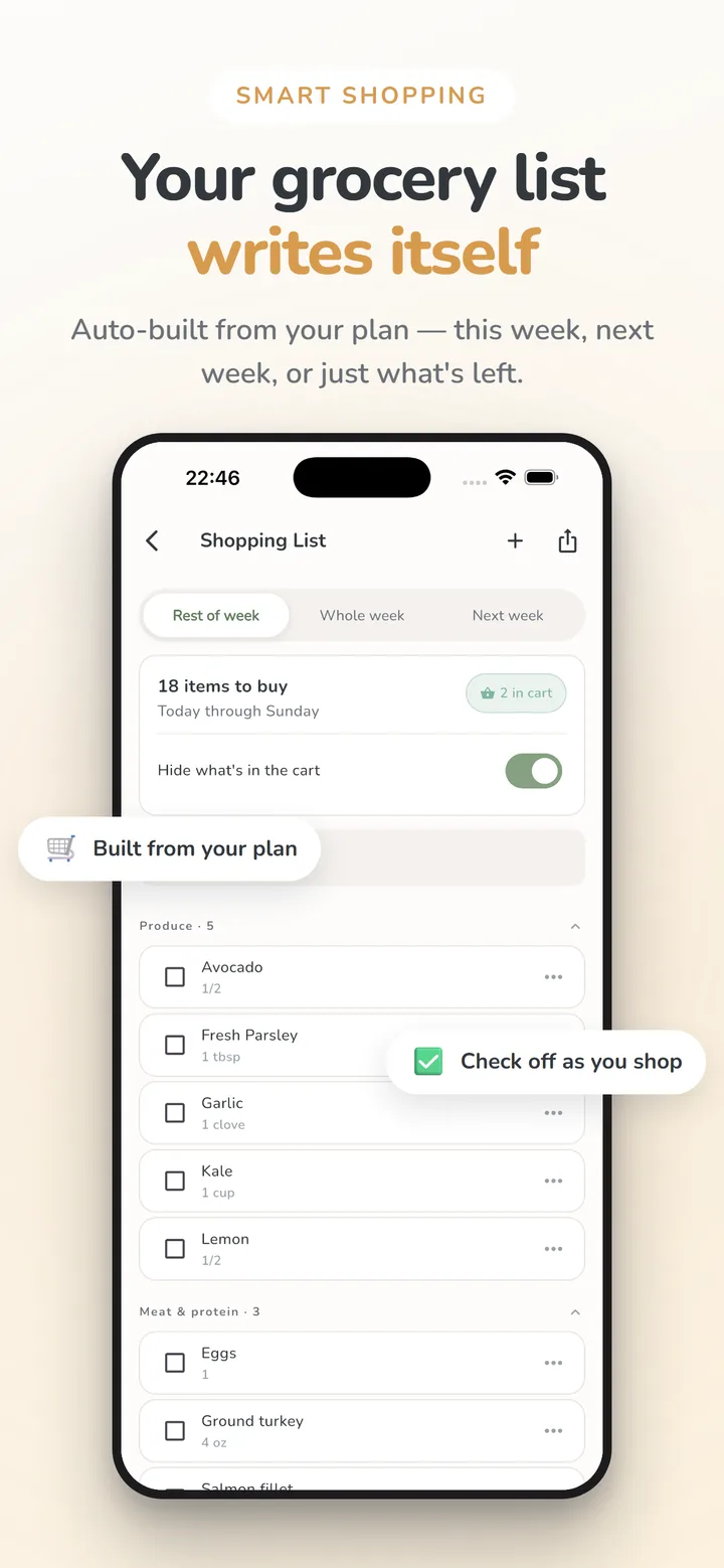 Mealique app screenshot: Smart grocery list — Auto-built from your plan — this week, next week, or just what's left.