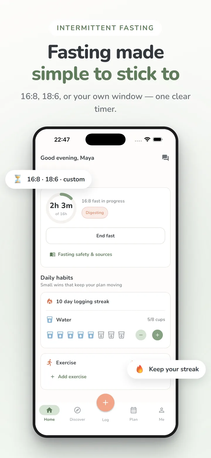 Mealique app screenshot: Intermittent fasting — 16:8, 18:6, or your own window — one clear timer.