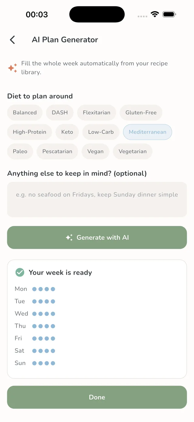 AI meal plan generator in the Mealique app: Choose your diet and preferences — Mealique maps the week around them.