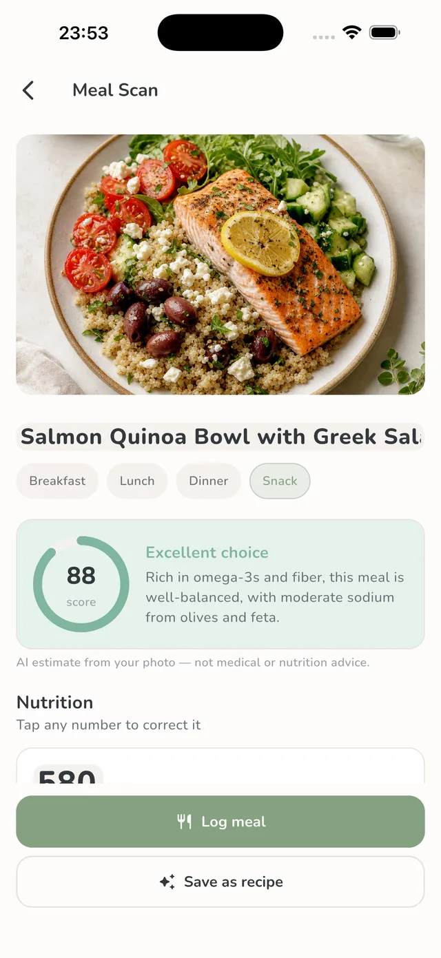 Meal Scan in the Mealique app: Instant calories, macros, and a health score — no typing required.