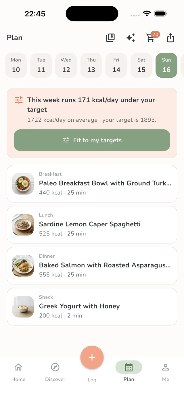 Weekly meal planner in the Mealique app: Tap a slot, pick a recipe — breakfast to dinner, this week and next.