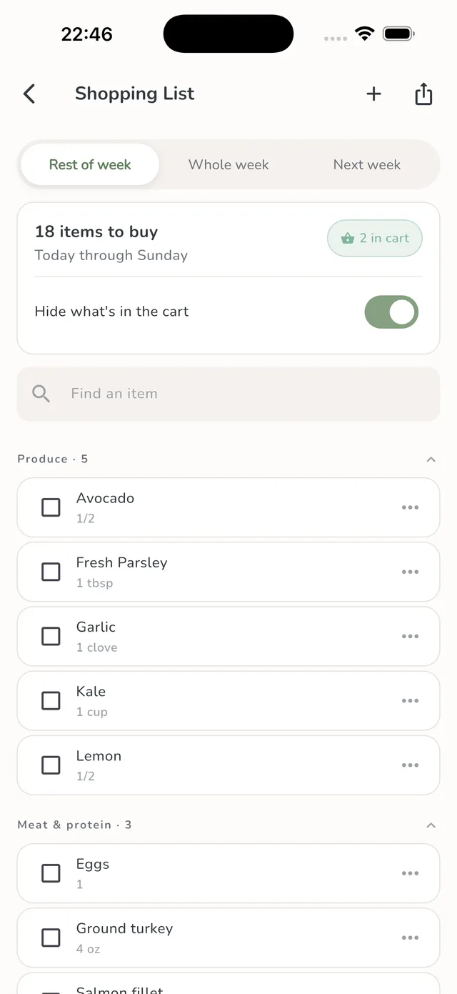 Smart grocery list in the Mealique app: Auto-built from your plan — this week, next week, or just what's left.